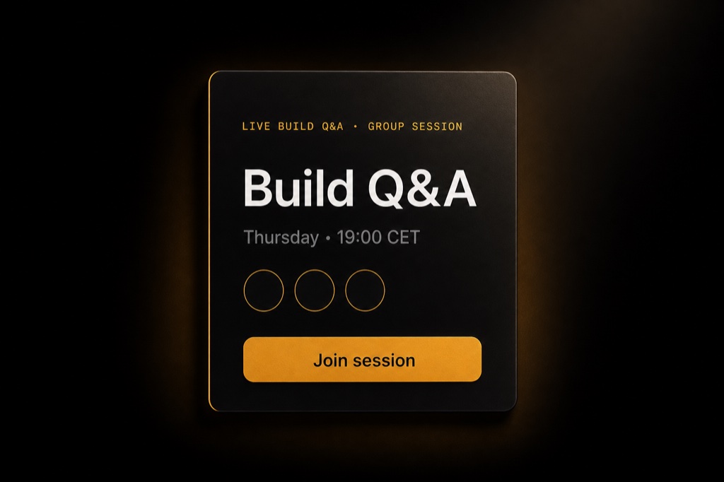 Live Build Q&A session card showing the date, time, and a Join session button.